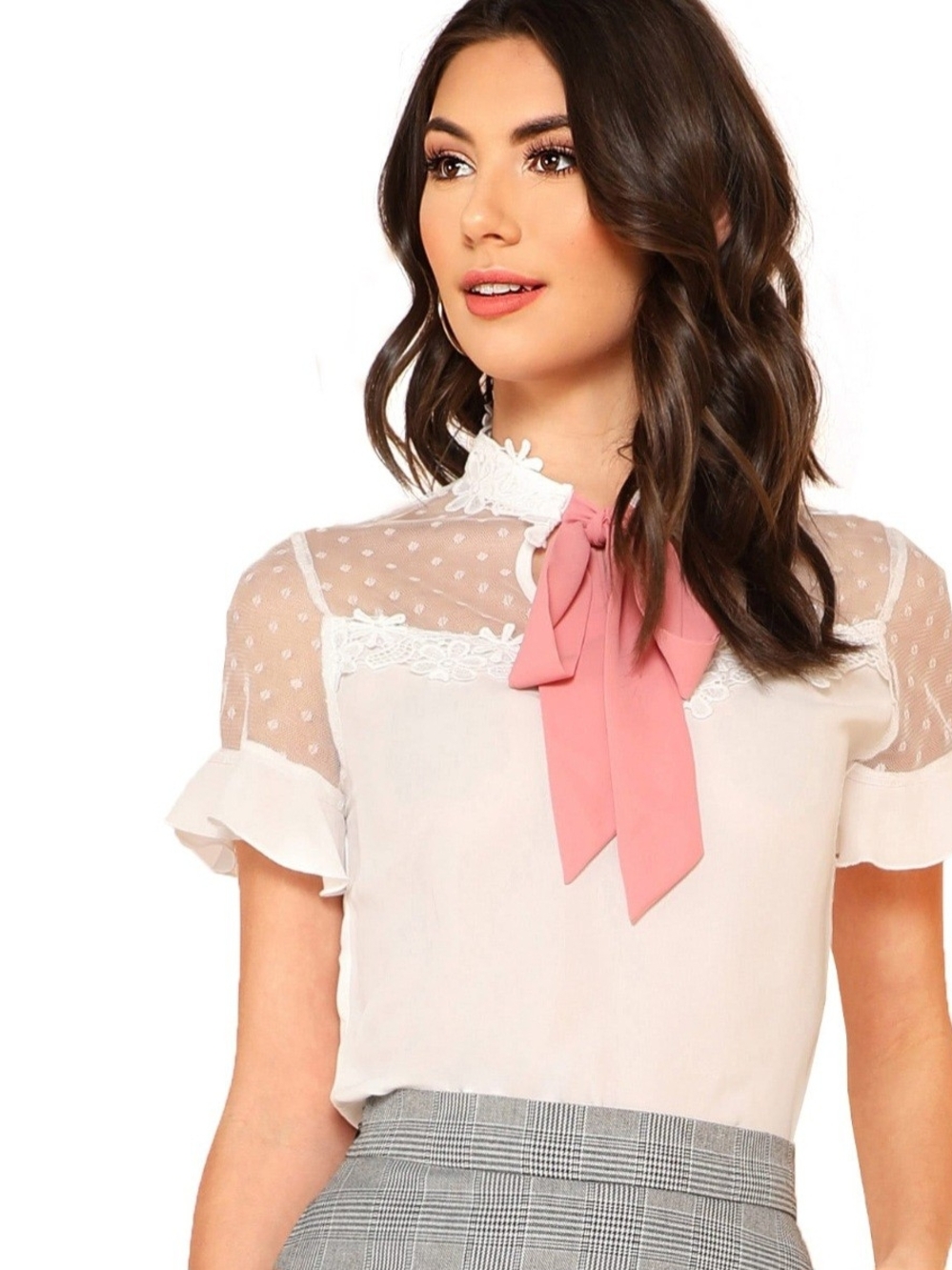 White Lace Mesh Tie Neck Chiffon Blouse M Romantic Boho